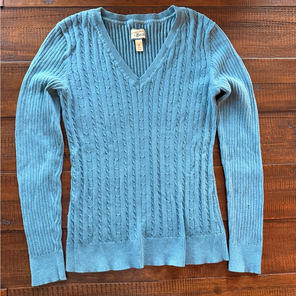 Bass Women's Light Blue Cable-Knit V-Neck Sweater